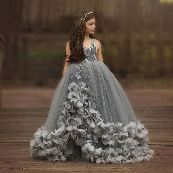 

grey beaded ball gown girls pageant dresses v neck flower girl dress tulle 3d appliqued floor length kids holy communion dress, White;blue