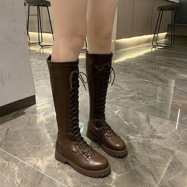 

boots knee high platform women shoes lace up motorcycle chunky thigh black brown punk