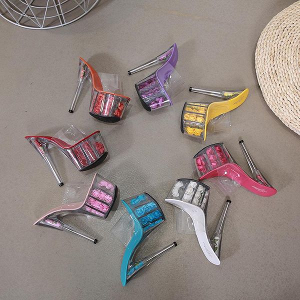 

slippers summer women model shoes super high-heeled 17cm fine waterproof rose sandals transparent crystal platform wedding, Black