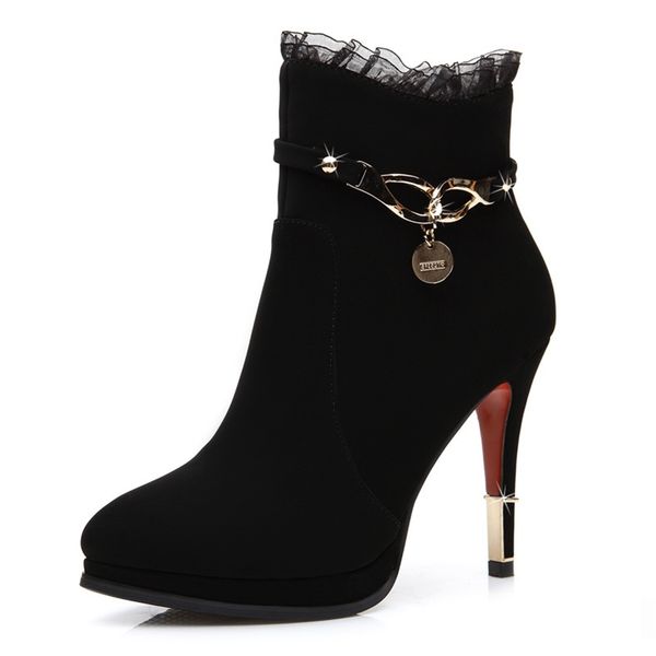 

booties autumn and winter new lace stiletto fashion women's boots high-heeled shoes pointed waterproof platform large size y200723, Black