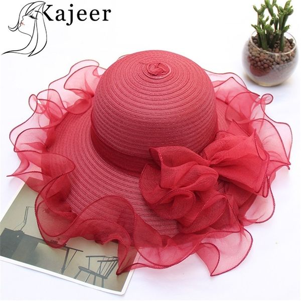 

kajeer lace mesh fashion summer organza sun hats for women elegant laides church vintage hat wide large brim with big flower cap y200714, Blue;gray