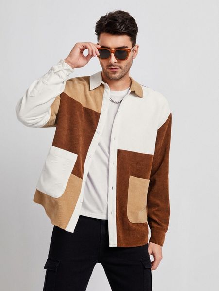 

men color block dual pocket corduroy shirt c7tr#, White;black