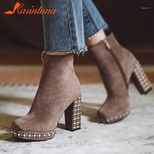 

boots karin elegant platform round toe flock solid crystal square thick heels big size 43 ankel autumn winter female boots1, Black