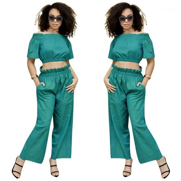 

2020 summer women short sleeve slash neck denim jeans crop and long pants set casual blue club 2 piece clothing set1, White