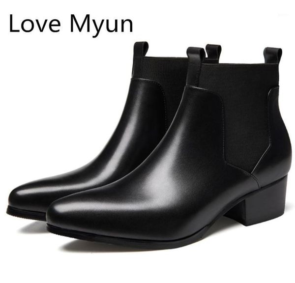 

boots mens genuine leather businss dress shoes men high heels pointed toe quality cow office work ankle 441, Black