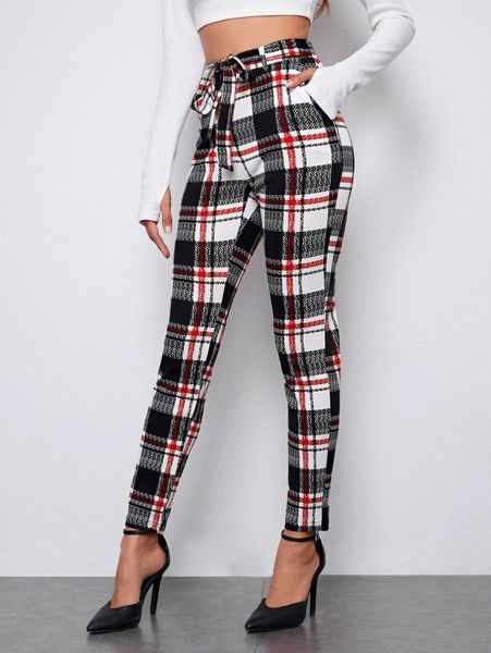 

self belted plaid skinny pants a0in#, Black;white