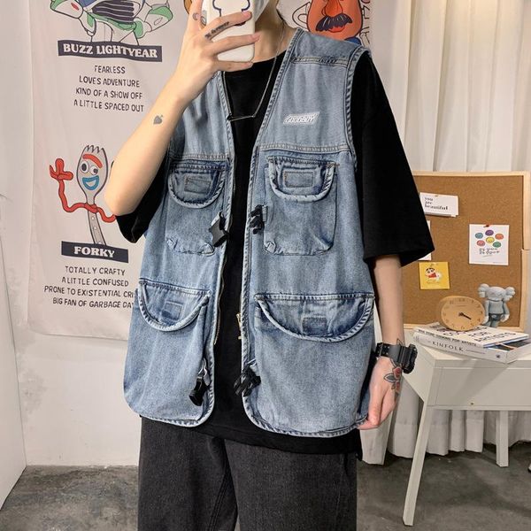 

men's vests vintage denim vest individuality pockets design waistcoat jacket male sleeveless safari clothes loose overcoat, Black;white