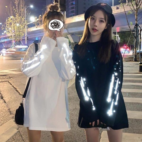 

women's t-shirt spring women casual tshirt white black streetwear female tee long sleeve fashion t shirt punk reflective hip hop cloth
