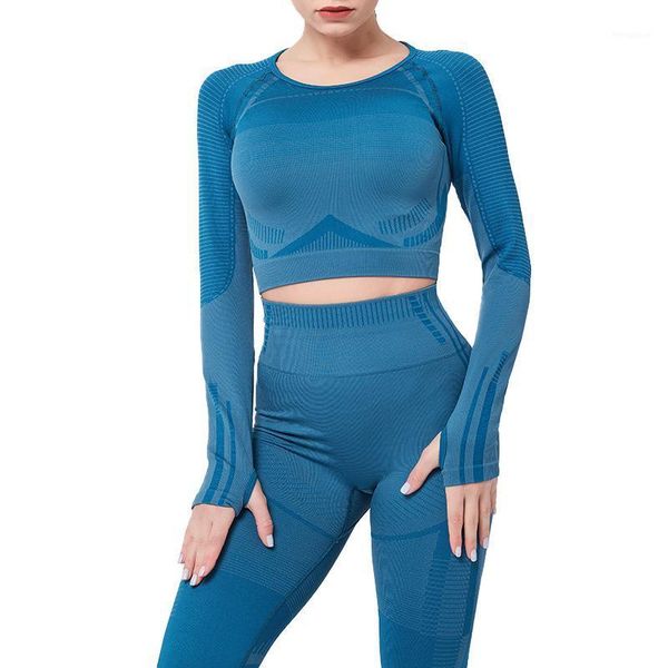 

seamless women 2 piece sports set long sleeve+high waist leggings sports suit wear for women gym workout super elastic leggins1, Gray