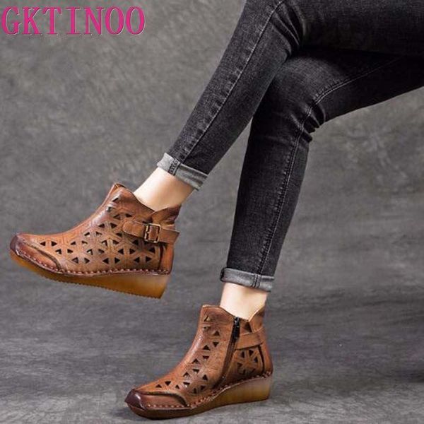 

sandals gktinoo flat with genuine leather women shoes zip print retro casual 2021 summer handmade hollow ladies, Black