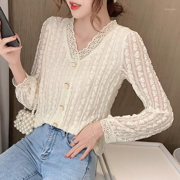 

autumn 2020 new v-neck lady lace shirt long sleeve mesh hollow out women and blouses blusa1, White