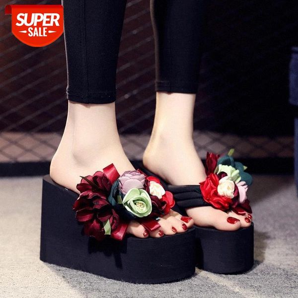 

6cm-11cm high-heeled summer slippers bohemia flowers thick-soled flip-flops slip-proof muffin beach shoes beach sandals slippers #yf7d, Black