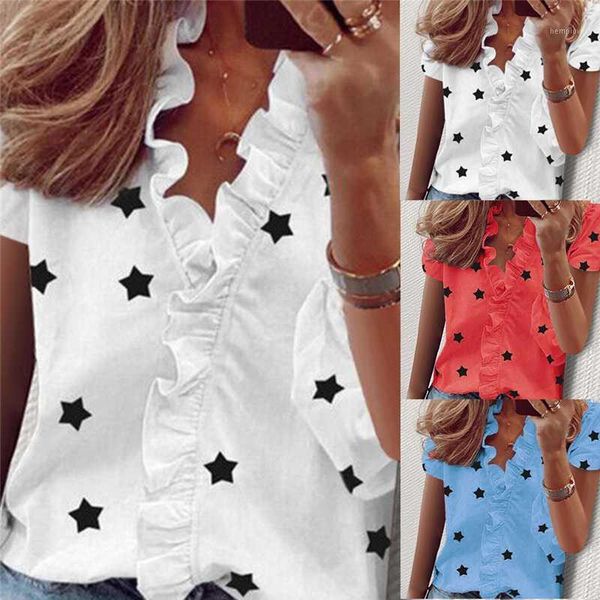 

women ruffle stars print blouse v-neck long sleeve elegant slim female blouses 2020 fashion summer lady plus size 3xl1, White