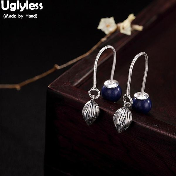 

uglyless real 925 sterling silver handmade lotus earrings ethnic thai silver flower fine jewelry for women lapis balls brincos