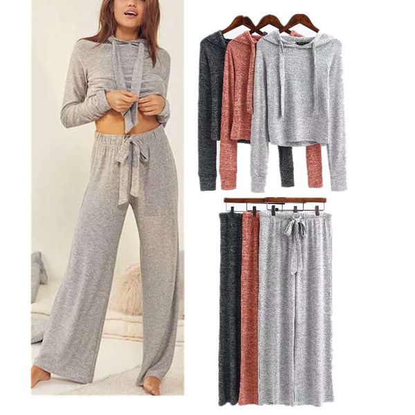 

autumn new women's fashion hooded casual sports wide leg sweater set t299, Gray