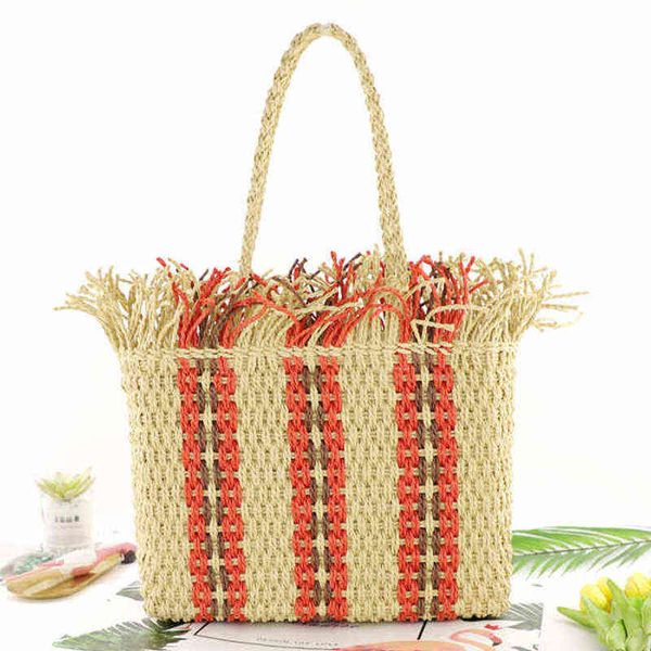 

shopping bags beach tote bohemia striped tassel straw woven women handbag shoulder large capacity paper rope boho 's 220303