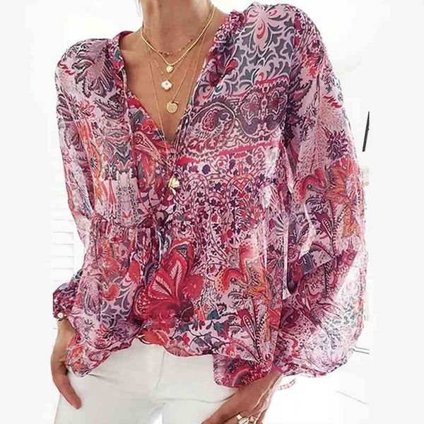 

40 women retro bohemian shirts printed shirt lantern sleeve street casual v-neck blouses summer solid casual loose shirt, White