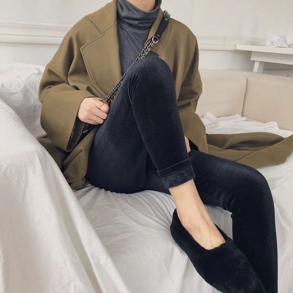 

autumn winter 2020 cashmere leggings with plush and thickened backing kitten new korean slim casual knitting pants, Black;white