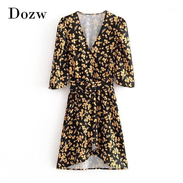 

women chic a line floral print dresses with belt 2020 puff sleeve holiday casual dress v neck vintage summer dress robes1, White;black