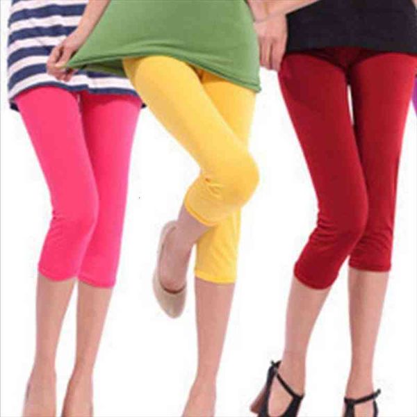 

women summer leggings solid leggins candy neon high stretched short jeggings fitness ballet cropped trousers, Black