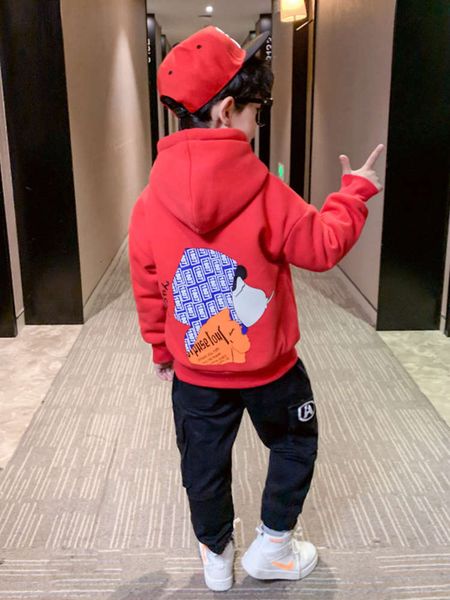 

new children's version sweater korean 2021 winter middle school boys' cartoon hooded plush pullover, Black