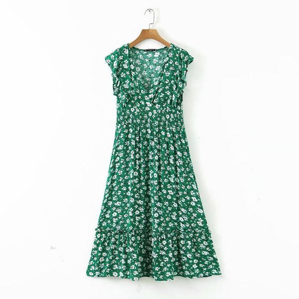 

new 2021 women v neck flower print ruffles midi dress elegant shrink fold design vestidos chic brand party dresses ds3576, Black;gray