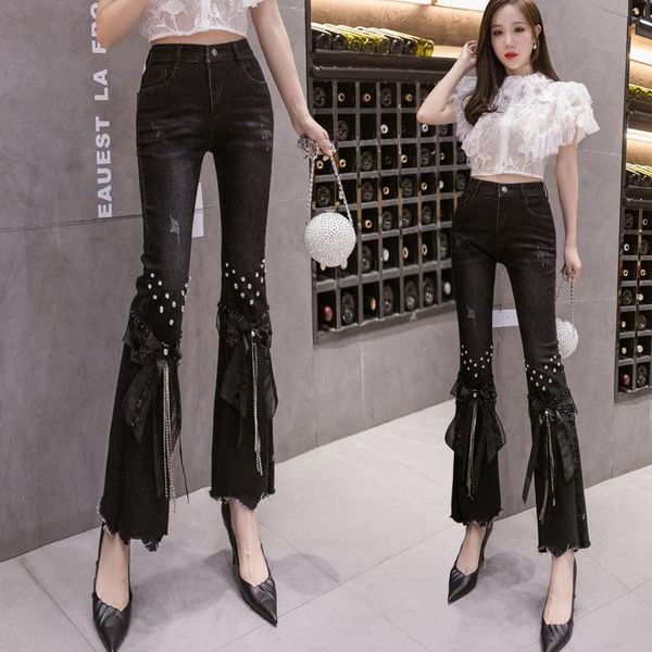 

women 2021 spring autumn stretchy flare jeans pants female beaded denim skinny jeans ladies high waist pants casual g70, Blue
