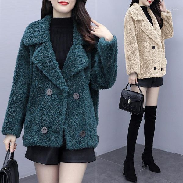 

winter coat women 2020 new double breasted faux lamb fur jacket warm thick fashion loose ladies coat faux fur teddy jacket1, Black