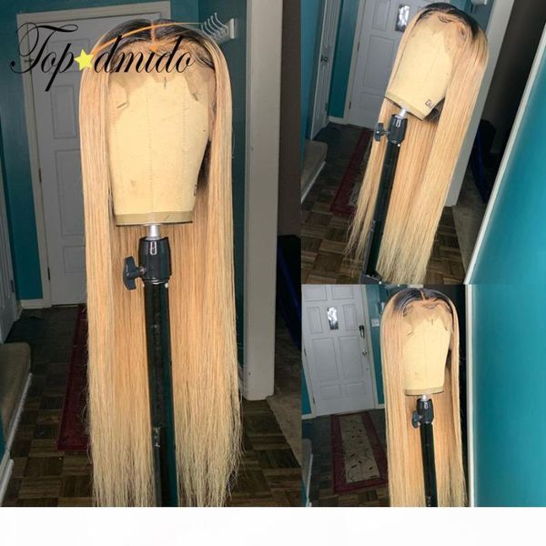 

dmido 13x6 lace front wigs with baby hair ombre honey blonde brazilian straight remy human hair wigs pre plucked, Black;brown