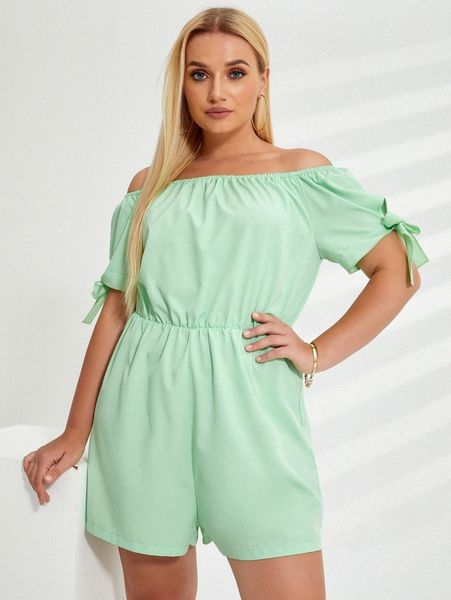 

plus solid knot cuff off shoulder romper d5qy#, Black