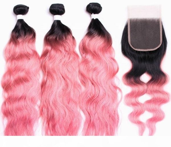 

fashion natural wave brazilian hair 1b pink ombre bundles with 4*4 closure human hair extension curly, Black;brown