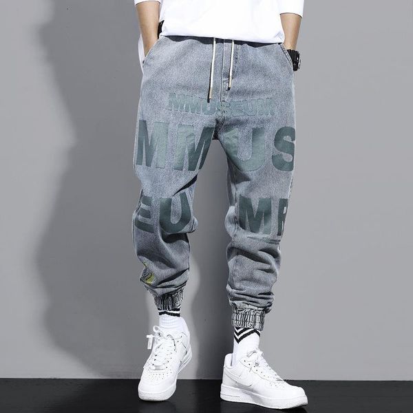 

men fashion high street jeans casual harem pants letter print light blue sweatpants trousers drawstring homens jeans denim pants, Black