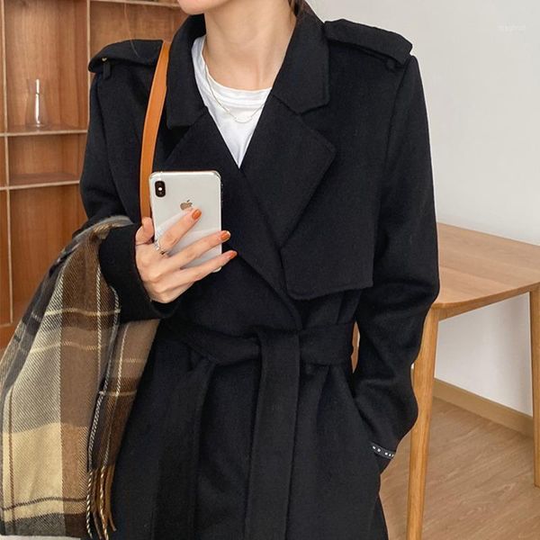 

2020 winter black over knee turn-down collar long-sleeved solid color straight minimalist woolen overcoat with belt c7781