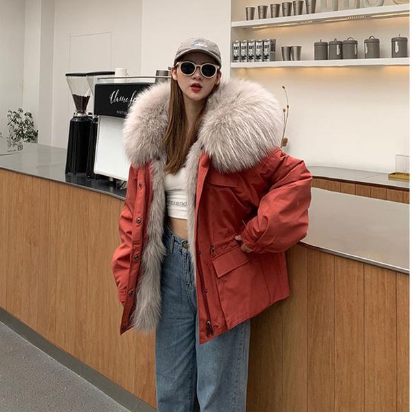 

women's fur & faux 2021 women winter coat style real parka female raccoon dog collar natural liner genuine cloth, Black