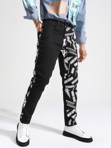 

men geo print tapered jeans l6v9#, Blue