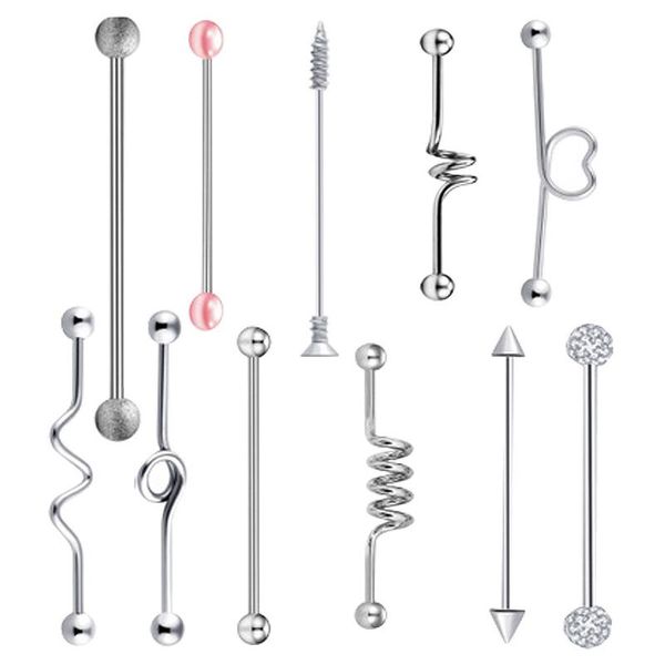 

11pcs industrial ear barbell set stainless steel bar earrings cartilage -conch body piercing jewelry party birthday gifts, Golden;silver