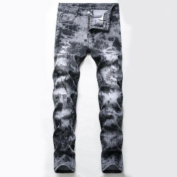 

hombre fashion color motorcycle designer denim trousers men's straight jeans leg printing jeans men's hip-hop printing1, Blue