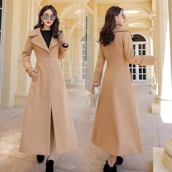 

2020 new fashion autumn winter woolen coat female models slim temperament super long wool coat jacket women windbreaker cothes1, Black