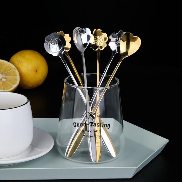 

spoons 1pc flowers design gold spoon long handle dessert coffee mixing stainless steel vintage teaspoons drink tableware