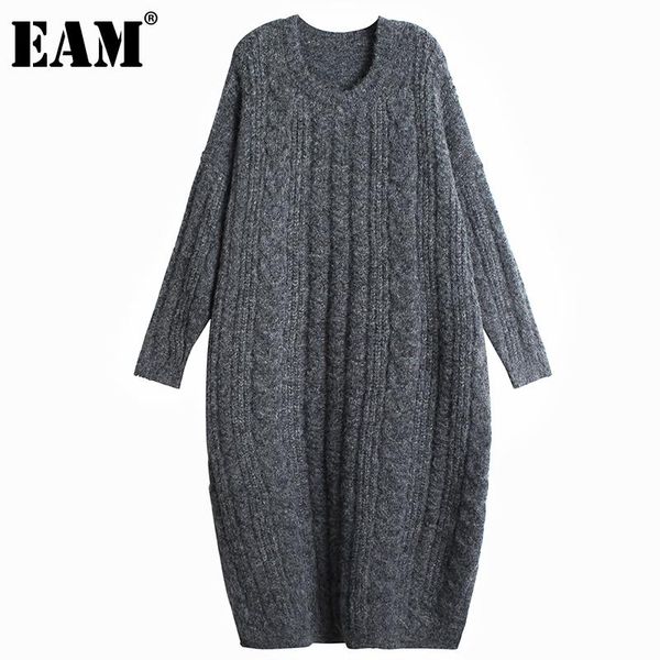 

[eam] women gray big size warm knitting dress new round neck long sleeve loose fit fashion tide autumn winter 2020 1dd0272, Black;gray