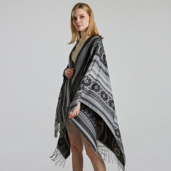 

winter new trend casual ladies jacquard shawl european and american street fashion split thick cloak to keep warm outside, Blue;gray