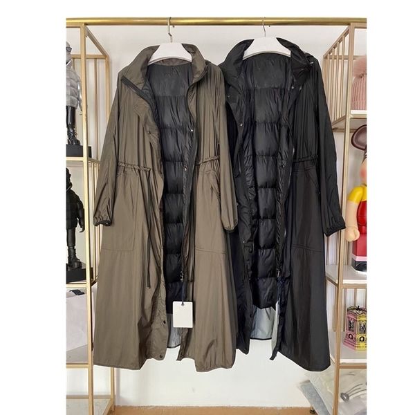 longo casaco mulheres de alta qualidade nylon zipper trincheira com 90% branco pato para baixo enchimento luz aquecer colete dentro da senhora Outerwear 201110