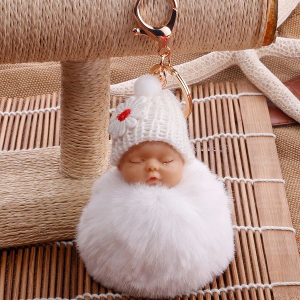 

factory68y9fur cute sleeping baby doll keychain pompom rabbit ball carabiner chain keyring women holder bag pendant key, Silver