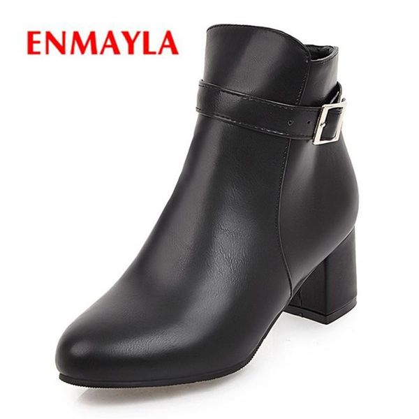 

enmayla 2020 new fashion women pointed toe square zip heel ankle boot lady solid high heel buckle boots size 34-43 zyl551, Black