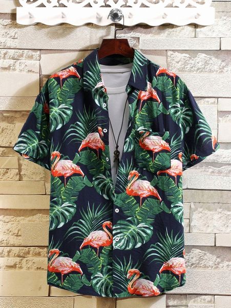 

men flamingo & tropical print shirt w0fm#, White;black