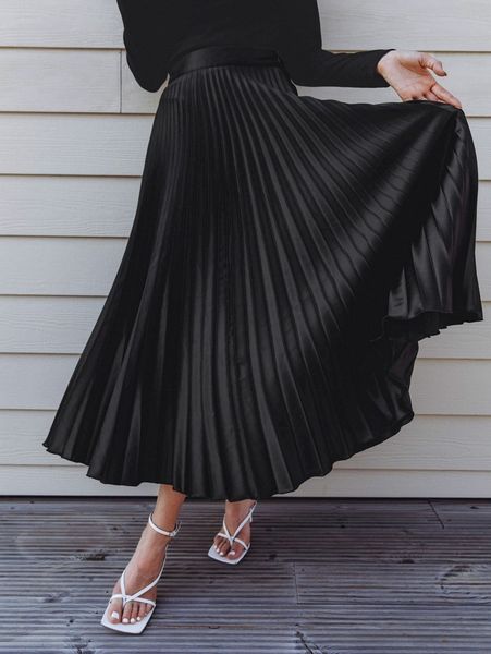 

solid pleated skirt 69ws#, Black