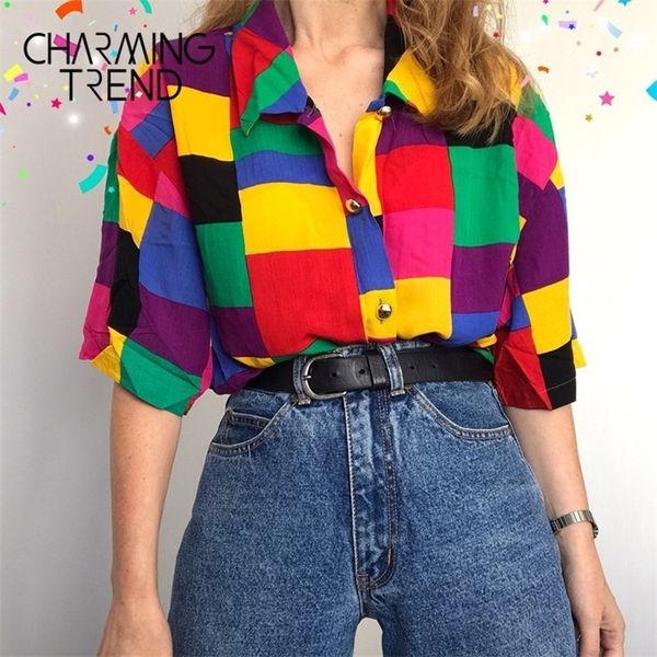 

womens blouse geometric patterns colorful harajuku preppy young girls vintage shirt streewear summer women loose clothes 220315, White