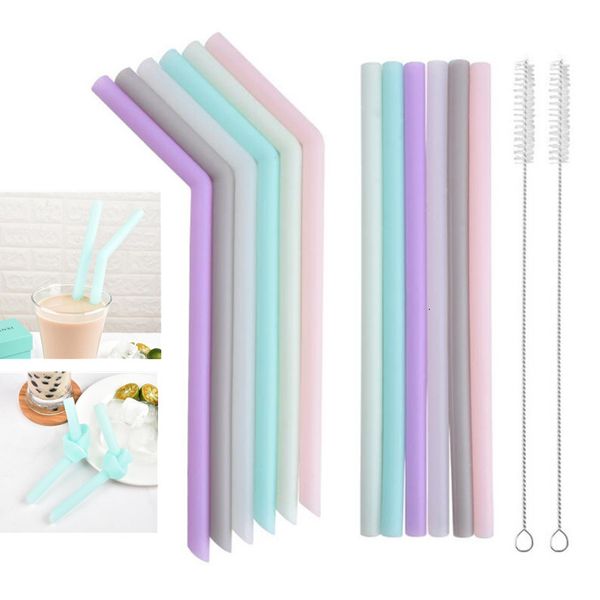 

flexible reusable silicone drinking straw food grade silicone straw cleaning brush for home party wedding bar drinking tools tube