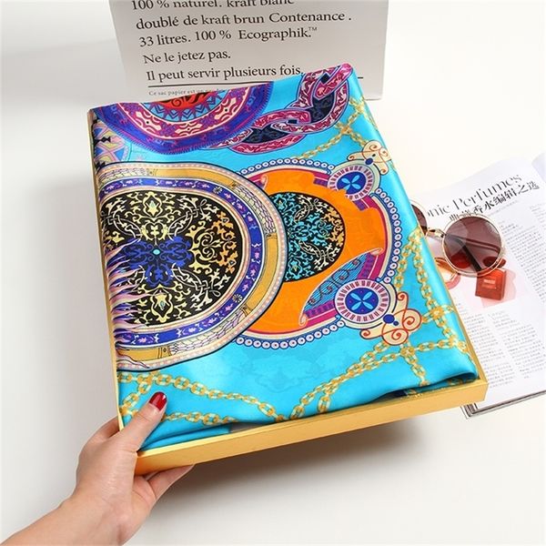 

women 100% natural square scarf print real headscarf large bandana pure silk neckerchief for ladies hijab 88x88cm y201007, Blue;gray