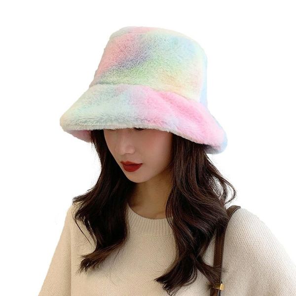 

wide brim hats women winter bucket hat colorful tie dye fluffy fuzzy plush short thick warm outdoor panama fisherman cap, Blue;gray